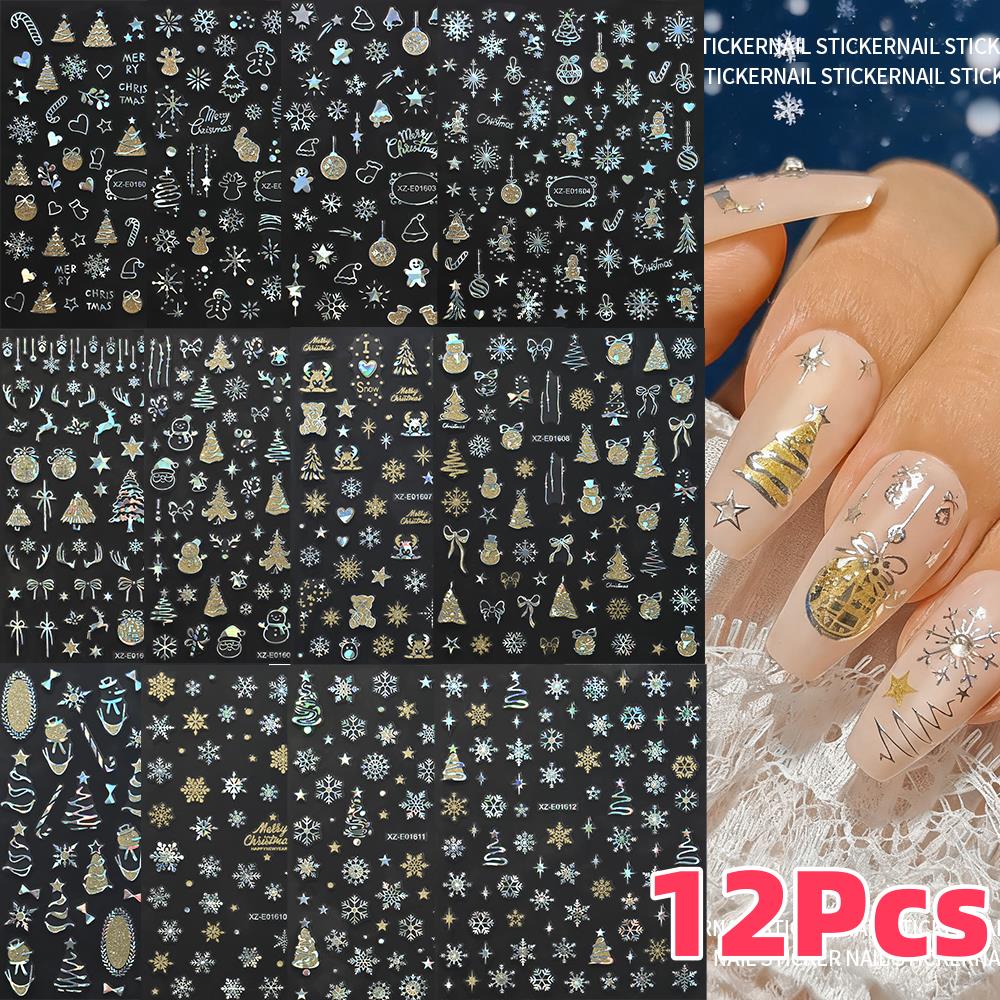 Nail Art Xmas Design - 12 pezzi 3D laser argento adesivi